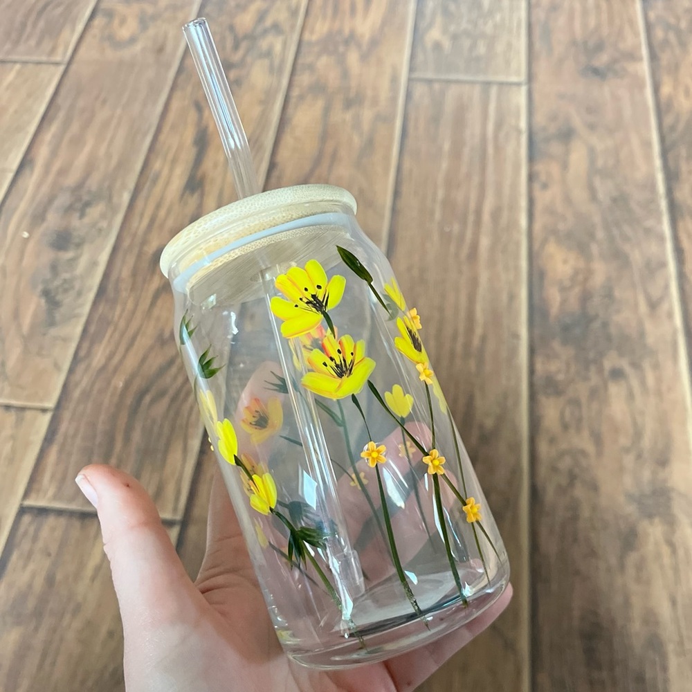 Clear Glass Tumbler with Yellow Floral Design and Straw